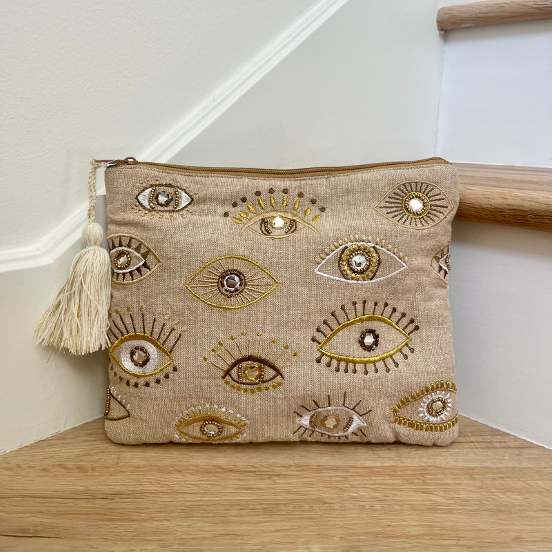 Bronze & Gold Evil Eye Embroidered Pouch