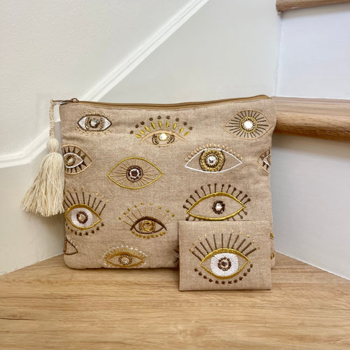 Bronze & Gold Evil Eye Embroidered Pouch