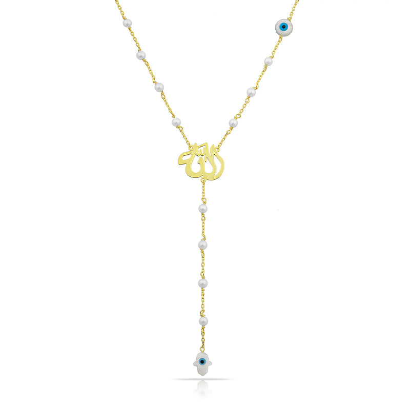 ALLAH EVIL EYE WITH BEADS LARIAT NECKLACE - White Pearl