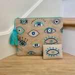 Blue Evil Eye Embroidered Pouch