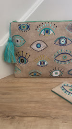 Blue Evil Eye Embroidered Pouch