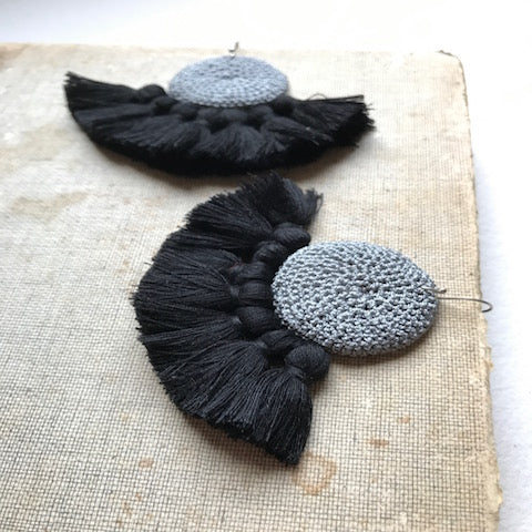 Crochet Disc Tassel Earrings - Grey & Black - Fouxx.com